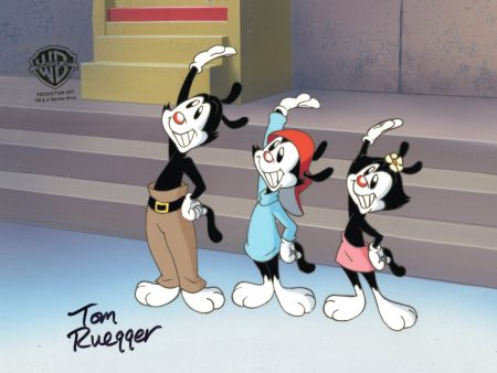 Animaniacs Original Production Cel on Original Background Signed by Tom Ruegger: Yakko, Wakko, Dot Fashion