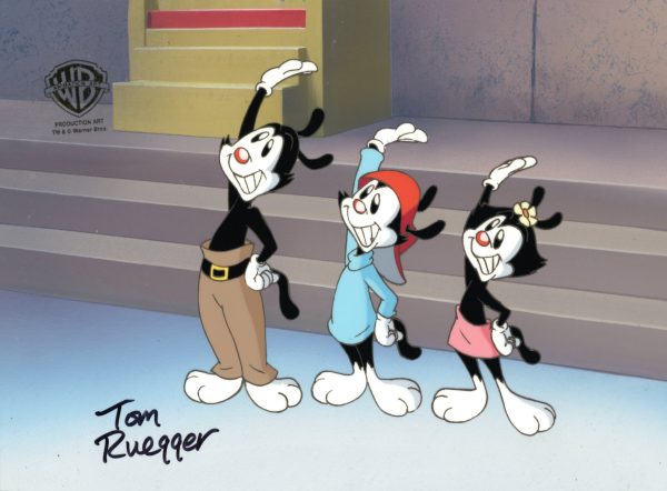 Animaniacs Original Production Cel on Original Background Signed by Tom Ruegger: Yakko, Wakko, Dot Fashion